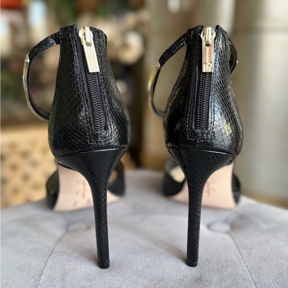 Elegant Black Stiletto Heels with gold accent ankle strap pointy toe - Picture 7 of 9